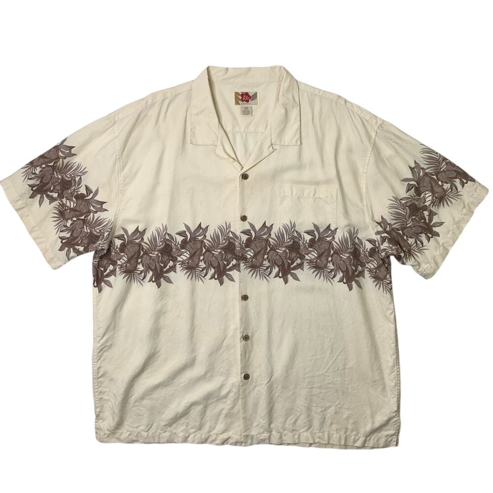 Hilo Hattie Shirt Men 2XL Beige Silk Hawaiian Floral Button Up Short Sleeve Camp